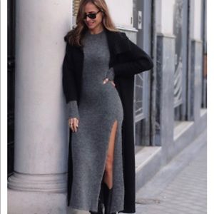 Zara Long Slit Wool Knit Dress Gray